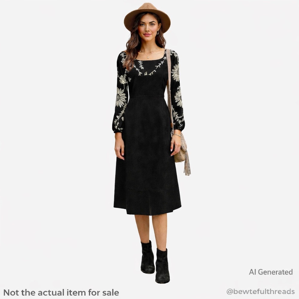 Moon Ports Black SZ 4 Wool Blend Dress Floral Print Sleeves Midi Career Cocktail